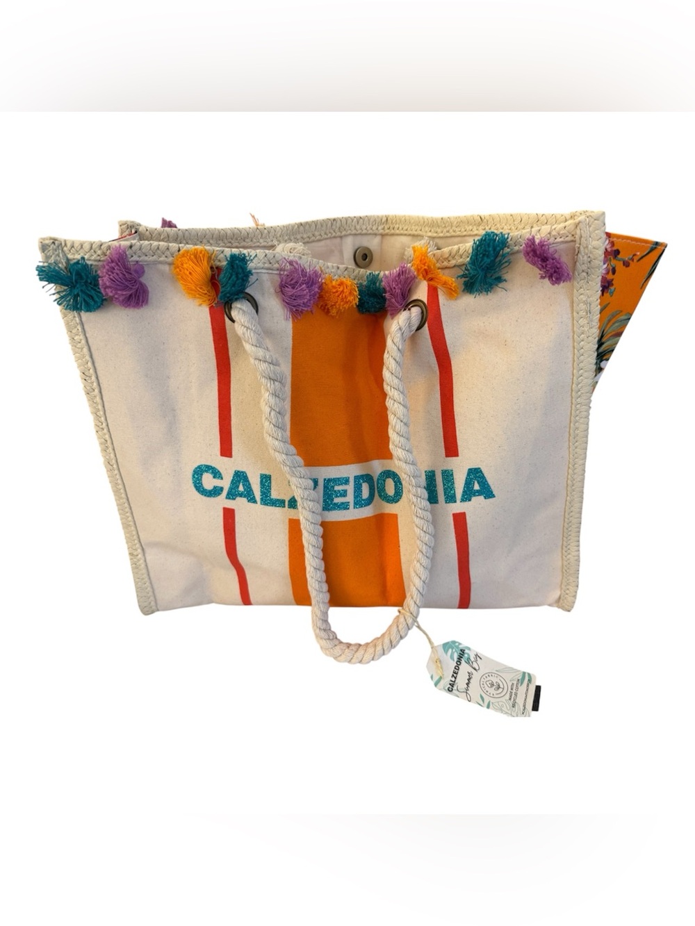 Calzedonia Cream Canvas Tote with Orange Panel and Multicolor Tassels